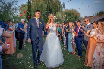 Wedding couple with rose petals
