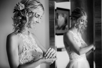 Black and white bride image, getting ready