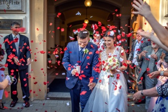 Wedding couple walking in rose petals