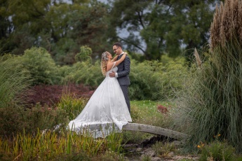 Bride and Groom on a Bridge by a Pond