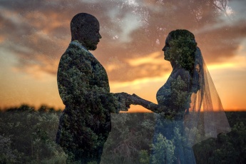 Wedding couple in the sunset, double exposure